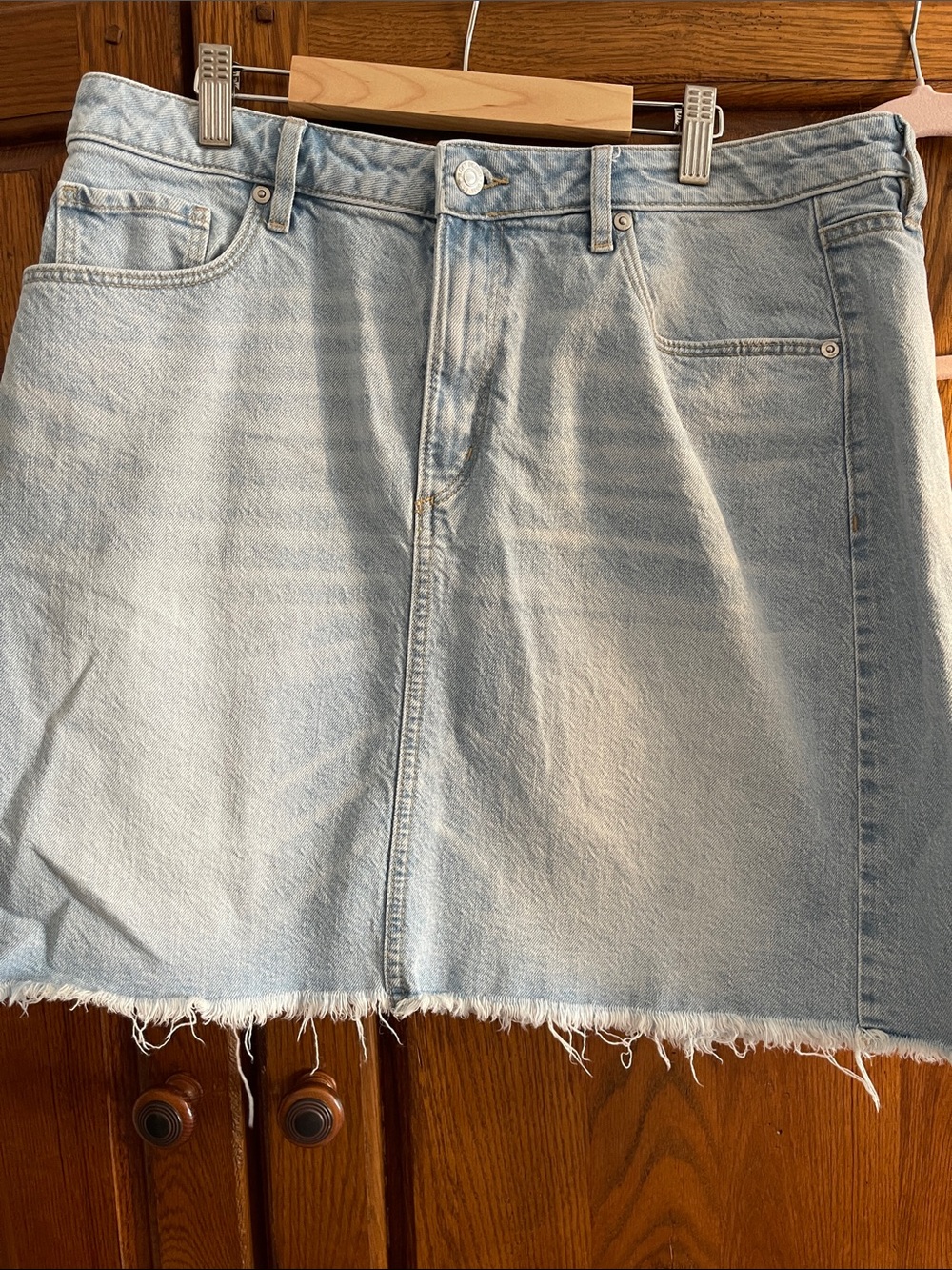 LOFT Light Blue Denim Mini Skirt with Frayed Hem